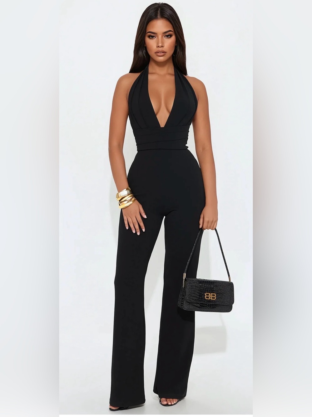 Fashion Nova Black Halter V-Neck Wide-Leg Jumpsuit